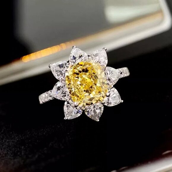NEW 925 Sterling Silver Diamond Sunflower Ring Flower Citrine Ring - Picture 1 of 6